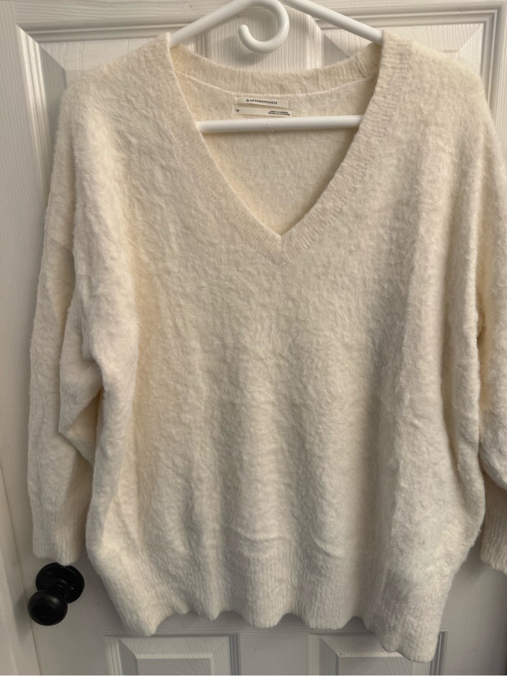 Anthropologie Cream V-Neck Fuzzy Knit Sweater